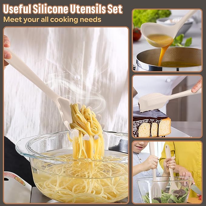 E-far Silicone Cooking Utensils Set, 7-Piece Khaki Heat Resistant Kitchen Utensils Set, Kitchen Nonstick Tools Spatula Ladle Spoon Pasta Server for Non-stick Cookware, Non-Toxic & Dishwasher safe - Image 5