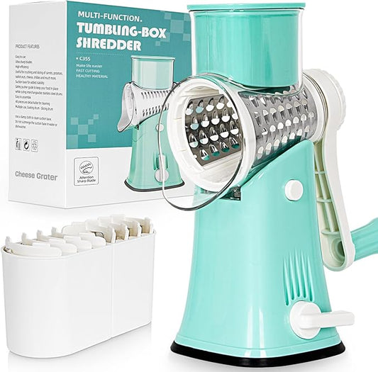 5-in-1 Rotary Cheese Grater Hand Crank, Vegetable Slicer Shredder with 5 Interchangeable Blades, Graters for Kitchen, Safe Kitchen Tool for Cheese, Nuts, Blue