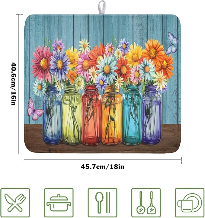 Vintage Floral Dish Drying Mat for Kitchen Counter Rustic Flower Vases Wooden Board Microfiber Dish Drainer Mat Spring Summer Absorbent Washable Drying Pad 16"x18"