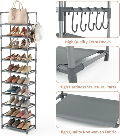 LANTEFUL 10 Tiers Tall Shoe Rack 20-25 Pairs Boots Organizer Storage Sturdy Narrow Shoe Shelf for Entryway, Closets with Hooks, Grey - Image 4