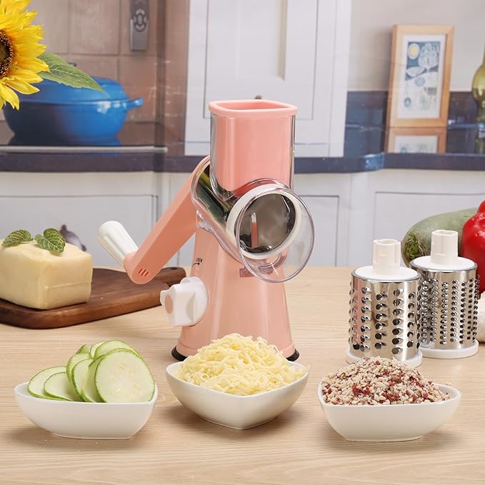 Cambom Rotary Cheese Grater Hand Crank Cheese Shredder for Fresh Cheese, Vegetable, Nuts,Non-slip Suction Base, Free Cleaning Brush Three Blades, Pink - Image 8