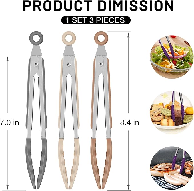Hotec Mini Silicone Kitchen Tongs for Cooking - 7-Inch Small Serving Tongs with Silicone Tips, Set of 3 (Neutral Color) - Image 2