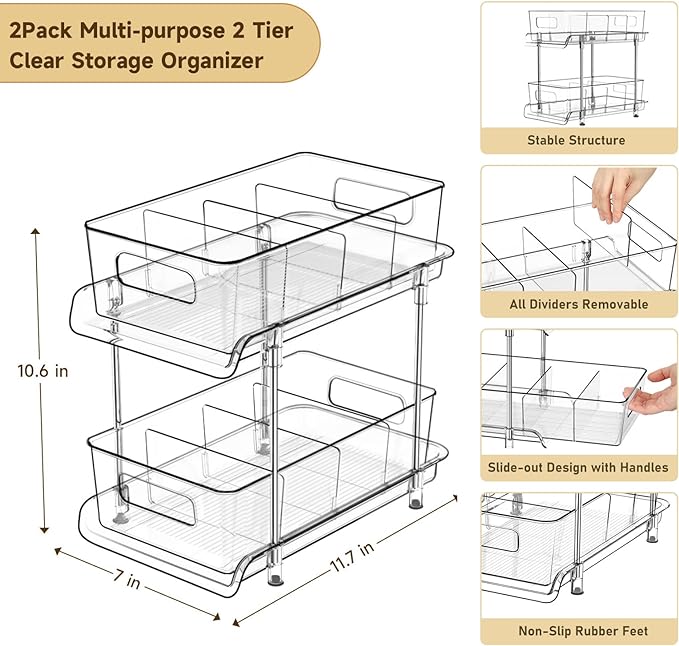 HIHEGD 2-Tier Bathroom Organizer with Dividers, Clear Under Sink and Pull-Out Cabinet Organizer for Kitchen and Pantry Storage - Image 2