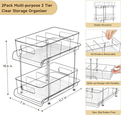 HIHEGD 2-Tier Bathroom Organizer with Dividers, Clear Under Sink and Pull-Out Cabinet Organizer for Kitchen and Pantry Storage - Image 2