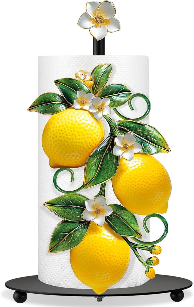 Thyle Lemon Paper Towel Holder with Round Base Lemon Bathroom Decor Rustic Housewarming Gifts Dispenser Kitchen Paper Holder Stand for Christmas Yellow Countertop Toilet Home Accessories