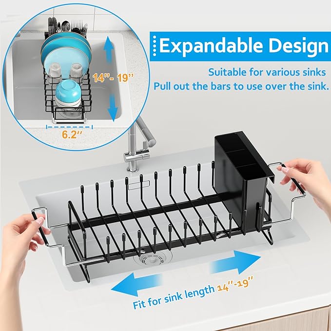 ANTOPY Sink Dish Drying Rack - Expandable Small Dish Rack Over Sinks with Silicone Drying Tray, Dish Drainer for Kitchen Counter with Cutlery Holder, Drying Rack Fit for 14’’-19’’ Kitchen Sink - Image 3