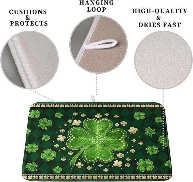 St Patricks Day Drying Mat for Kitchen Counter Shamrock Dish Drying Mats Lucky Clovers Green Plaid Dish Dryer Pad Absorbent Reversible Dish Drainer Rack Mat Kitchen Accessories 16x18 Inch - Image 3