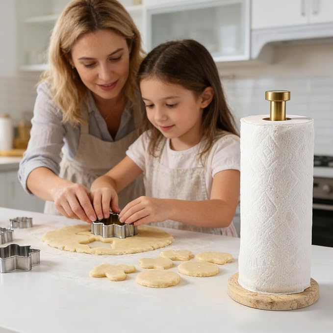 Koville Paper Towel Holder Countertop, Standing Paper Roll Holder with 6" Weighted Marble Base, Stone Paper Towel Holder with Gold Stainless Steel Rod for Kitchen Bathroom (Gold)