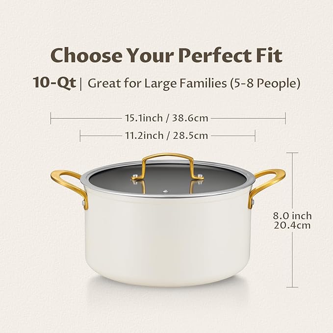 BEZIA 10 Quart Cooking Pot with Ceramic Coating, Non-Stick Stock Pot with Tempered Glass Lid, Large Soup Pot with Stainless Steel Handle, Induction Compatible Stockpot, Dishwasher Safe, Cream - Image 2