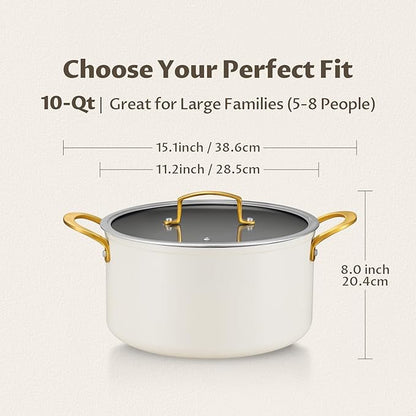 BEZIA 10 Quart Cooking Pot with Ceramic Coating, Non-Stick Stock Pot with Tempered Glass Lid, Large Soup Pot with Stainless Steel Handle, Induction Compatible Stockpot, Dishwasher Safe, Cream - Image 2
