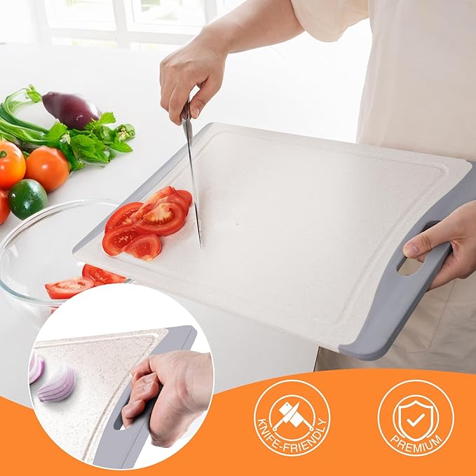 Extra Large Cutting Boards, Plastic Cutting Boards for Kitchen (Set of 3) Cutting Board Set Dishwasher Chopping Board with Juice Grooves Easy-Grip Handles, Beige, Empune - Image 3