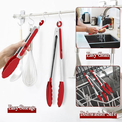 TeamFar Kitchen Tongs, 9" and 12" Stainless Steel Cooking Tongs with Silicone Tips for Cooking Grilling Serving & BBQ, Heat Resistant Silicone Tongs, Locking Design & Dishwasher Safe, Set of 2 & Red - Image 5