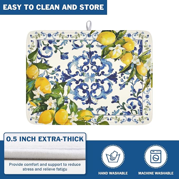 Lemon Dish Drying Mat 24x18 Inch, Blue Tiles Drying Mat with Absorbent Reversible Microfiber, Italian Olive Tree Dish Drainer Mats Summer Rack Pad for Coffee Countertop Kitchen Protector