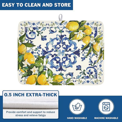 Lemon Dish Drying Mat 24x18 Inch, Blue Tiles Drying Mat with Absorbent Reversible Microfiber, Italian Olive Tree Dish Drainer Mats Summer Rack Pad for Coffee Countertop Kitchen Protector