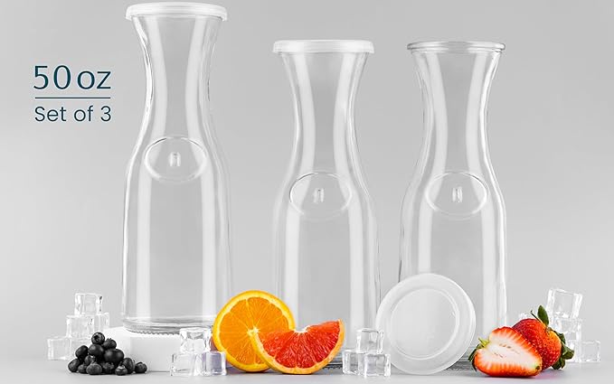 Glass Carafe Pitchers, by Kook, Large Carafe - set of 3, Beverage Dispensers, Clear Jugs For Mimosas, Water, Wine, Milk and Juice, with Plastic Lids, 50 oz Dishwasher Safe - Image 3