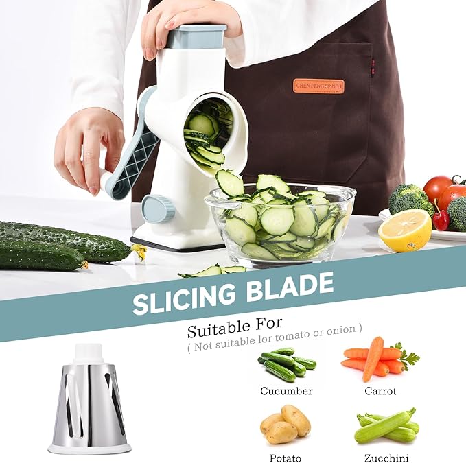 Rotary Cheese Grater with Handle Kitchen Shredder Slicer Grater Slicer Ice Shaver Cheese Vegetable Nuts Potato Zucchini Chocolate 3 Interchangeable Blades (WhiteBlue) - Image 4