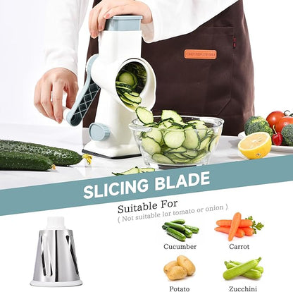 Rotary Cheese Grater with Handle Kitchen Shredder Slicer Grater Slicer Ice Shaver Cheese Vegetable Nuts Potato Zucchini Chocolate 3 Interchangeable Blades (WhiteBlue) - Image 4