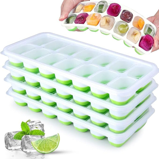 Silicone Ice Cube Tray, Jrisbo 4 Pack Easy-Release & Flexible 14-Ice Cube Trays with Spill-Resistant Removable Lid, Stackable Ice Trays with Covers for Freezer, Cocktail (Green) by Jrisbo