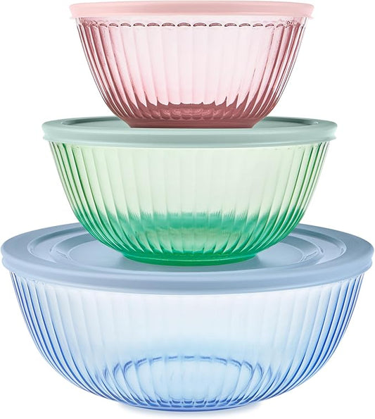 Pyrex Colors (3-Pack, Full Set) Sculpted Tinted Glass Mixing Bowls With Plastic Lids, Nesting Space Saving Set of Bowls For Prepping and Baking, 1.3QT, 2.3QT & 4.5Q, (Pink, Green, Blue) by Pyrex