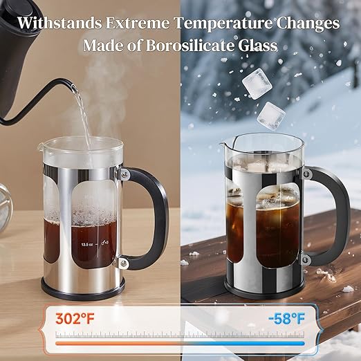 Veken French Press Coffee Maker 34oz 1 L, No Plastic Touching Cafe, Heat Resistant Thickened Borosilicate Glass, Stainless Steel Brewer, Cold Brew Cafetera Teapot for Kitchen Travel Camping, Silver - Image 5