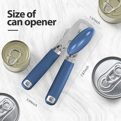 Safring Can Opener Manual, Heavy Duty Stainless Steel Smooth Edge Can Opener With Soft Touch Handle, Oversized Handheld Easy Turn Knob, Multi-Function Bottle Opener, Blue