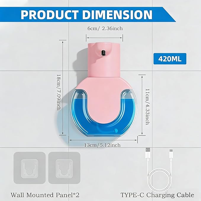 2Pack Automatic Soap Dispenser Touchless, Rechargeable Liquid Soap Dispenser,15oz/420ml Smart Hand Soap Dispensers,4-Level Adjustable,Wall Mount for Bathroom Kitchen Dish Soap,Hands-Free(Pink) - Image 2