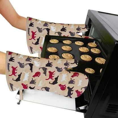Oven Mitts Gloves 1 Pair Heat Resistant 480 ℉ Non Slip Clear Silicone Printed Comfortable Cotton Lining Kitchen Women Men Cooking Barbecue Microwave Machine Washable (Cat, Khaki Mittens)