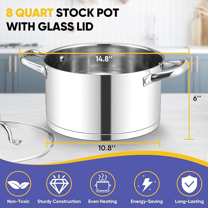 TeamFar 8QT Stock Pot with Lid, Stainless Steel Tri-ply Bottom Cooking Pot for Vegetable Pasta Soup, Works with Induction/Gas/Glass/Ceramic Stoves, Non-toxic & Sturdy, Straight Side & Riveted Handles - Image 2