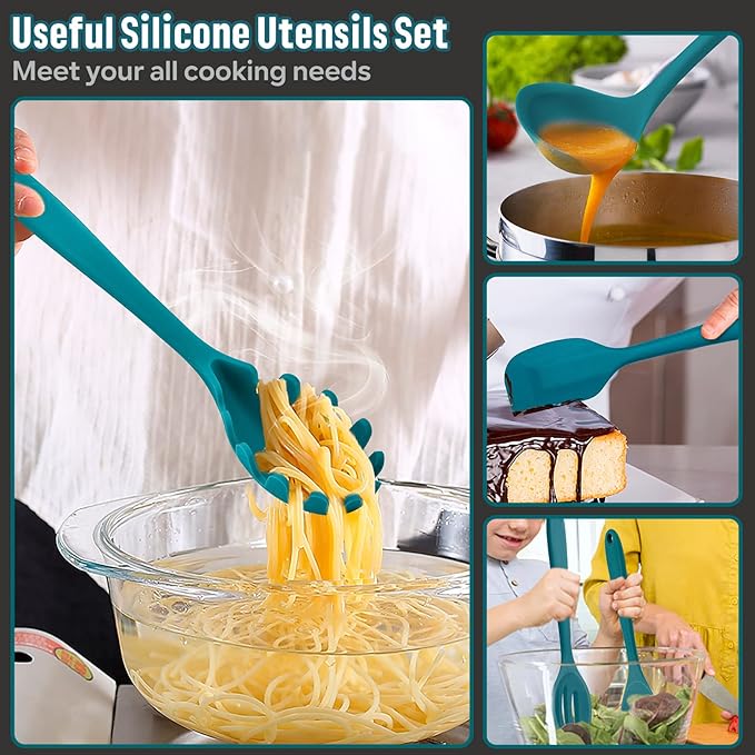 Silicone Cooking Utensils Set, E-far 7-Piece Blue Heat Resistant Kitchen Utensils Set, Kitchen Nonstick Tools Spatula Ladle Spoon Pasta Server for Non-stick Cookware, Non-Toxic & Dishwasher safe - Image 6