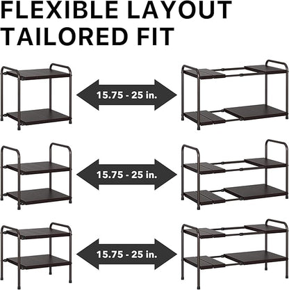 Simple Houseware Under Sink 2-Tier Heavy Duty Expandable Rack Organizer, Adjustable Width 15.75–25 Inches with 4 Shelf Height Levels, Bronze