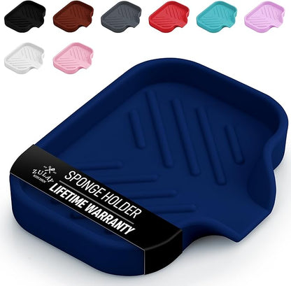 Zulay Kitchen Small Silicone Sponge Holder (4.9x3.3”) – Space-Saving Sink Organizer Tray for Sponge, Soap, Brush & More – Compact Non-Slip Dish for Kitchen & Bathroom (Dark Blue) by ZulayKitchen
