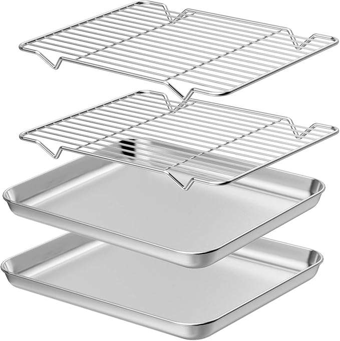 Wildone Baking Sheet with Rack Set [2 Sheets + 2 Racks], Stainless Steel Cookie Pan baking Tray with Cooling Rack, Size 12 x 10 x 1 Inch, Non Toxic & Heavy Duty & Easy Clean by Wildone