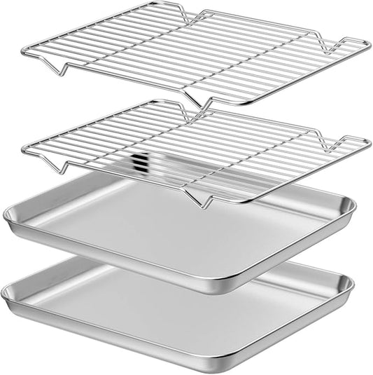 Wildone Baking Sheet with Rack Set [2 Sheets + 2 Racks], Stainless Steel Cookie Pan baking Tray with Cooling Rack, Size 12 x 10 x 1 Inch, Non Toxic & Heavy Duty & Easy Clean by Wildone