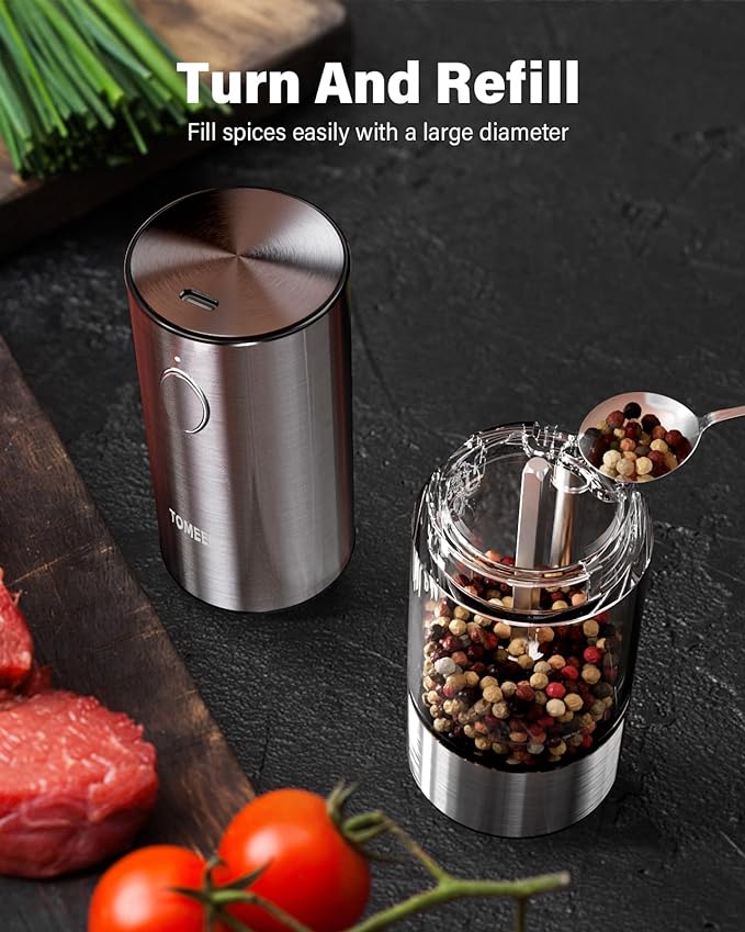 TOMEEM Upgraded Larger Capacity Electric Salt and Pepper Grinder Set Rechargeable with LED lights, Stainless Steel Automatic Pepper and Salt Grinder Refillable with 5 Adjustable Coarseness - Image 5