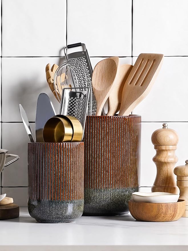 LE TAUCI Utensil Holder for Kitchen Counter, 7.3"+5.4" Fluted Ceramic Utensil Crock Organizer for Countertop, Heavy Large Holder for Spatulas, Spoons, Set of 2, Olive Brown Marble - Image 3