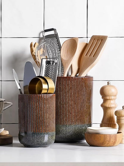 LE TAUCI Utensil Holder for Kitchen Counter, 7.3"+5.4" Fluted Ceramic Utensil Crock Organizer for Countertop, Heavy Large Holder for Spatulas, Spoons, Set of 2, Olive Brown Marble - Image 3