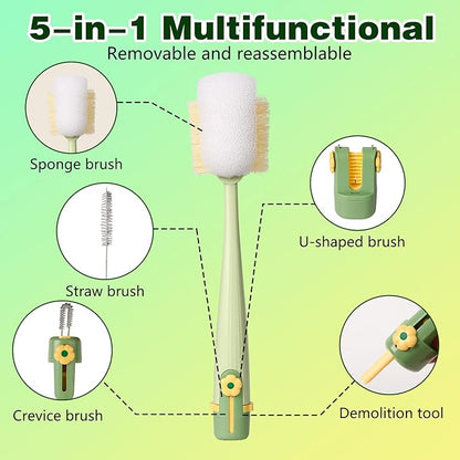 5 in 1 Bottle Cleaning Brush Set, 2026 Multifunctional Lid Brush Cleaning Tool Kitchen, Portable Long Handle Bottles Scrubber for Cup Lids, Hard Bristle Sponge Head Bottle Brushes (White and Green)