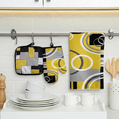 Jingmore 6 Pcs Kitchen Decor Set Accessory Farmhouse Kitchen Towels Pot Holders Oven Mitts Set 2 Dish Towels 2 Pot Holders 2 Cooking Mittens Oven Glove for Cooking(Black, Yellow, Gray,Geometric) - Image 2