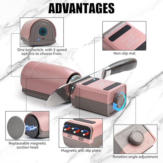 Rolling Knife Sharpener - Electric Knife Sharpener with 3 Heads & 3 Speeds, Adjustable 10°–25° Angle, Three-Stage Sharpening, Cordless Kitchen & Outdoor Knife Sharpening Kit