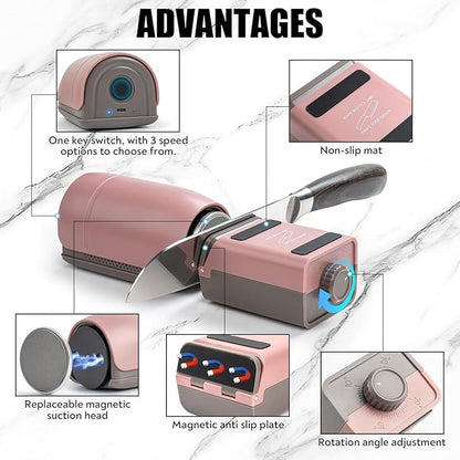 Rolling Knife Sharpener - Electric Knife Sharpener with 3 Heads & 3 Speeds, Adjustable 10°–25° Angle, Three-Stage Sharpening, Cordless Kitchen & Outdoor Knife Sharpening Kit
