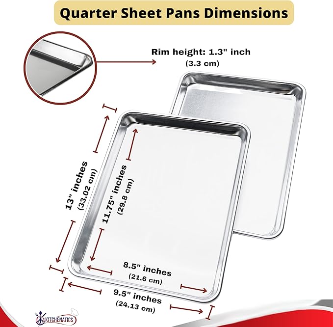 KITCHENATICS Quarter Sheet Baking Pans, 1060 Solid Aluminum Cookie Sheet Set - Oven Safe, Nonstick, Rimmed Cooking Trays, 1/4 Baking Sheets for Oven, Roasting, Baking - 9.6" x 13" IN, Set of 2