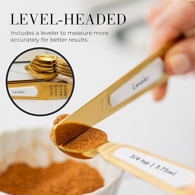 White and Gold Measuring Spoons with Leveler - Featuring 8PC Upgraded Style, Dual-Sided, Stackable, Stainless Magnetic Measuring Spoons Set - Fits in Spice Jars, White and Gold Kitchen Accessories - Image 4