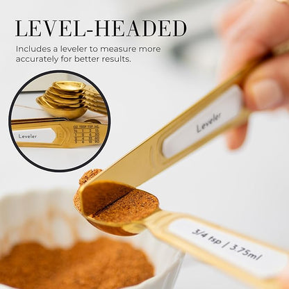 White and Gold Measuring Spoons with Leveler - Featuring 8PC Upgraded Style, Dual-Sided, Stackable, Stainless Magnetic Measuring Spoons Set - Fits in Spice Jars, White and Gold Kitchen Accessories - Image 4