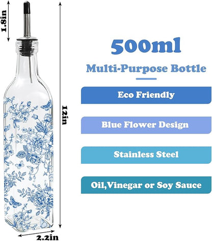 JarThenaAMCS Chinoiserie Olive Oil Dispenser Bottle Blue Floral Glass Cruet Bottle with Spout Cooking Vinegar Container for Home Kitchen Table Countertop Decor