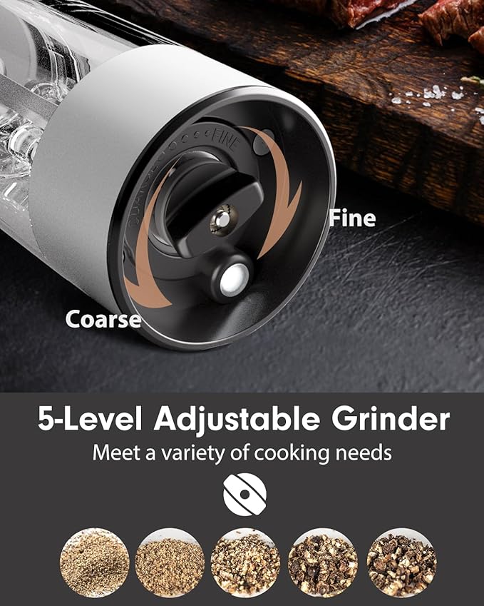 TOMEEM Upgraded Larger Capacity Electric Salt and Pepper Grinder Set Rechargeable with LED lights, Stainless Steel Automatic Pepper and Salt Grinder Refillable with 5 Adjustable Coarseness White - Image 4