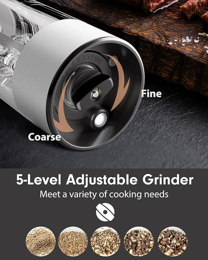 TOMEEM Upgraded Larger Capacity Electric Salt and Pepper Grinder Set Rechargeable with LED lights, Stainless Steel Automatic Pepper and Salt Grinder Refillable with 5 Adjustable Coarseness White - Image 4