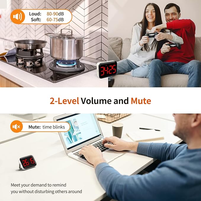 VOCOO Magnetic Kitchen Timer for Cooking with Count Up Countdown, Digital Timer Battery Powered with Large Display, 2 Brightness and Volume Levels for Classroom, Teacher, Kids (Red) - Image 4
