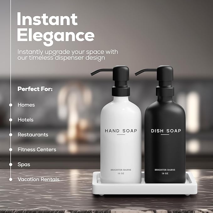 Luxury Glass Hand and Dish Soap Dispenser Set by Brighter Barns - Kitchen Soap Dispenser Set with Tray for Kitchen, Home or Restaurant - Modern Farmhouse Kitchen Decor (Black/White) - Image 2