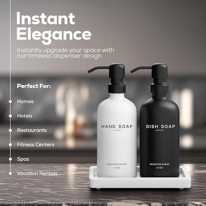 Luxury Glass Hand and Dish Soap Dispenser Set by Brighter Barns - Kitchen Soap Dispenser Set with Tray for Kitchen, Home or Restaurant - Modern Farmhouse Kitchen Decor (Black/White) - Image 2