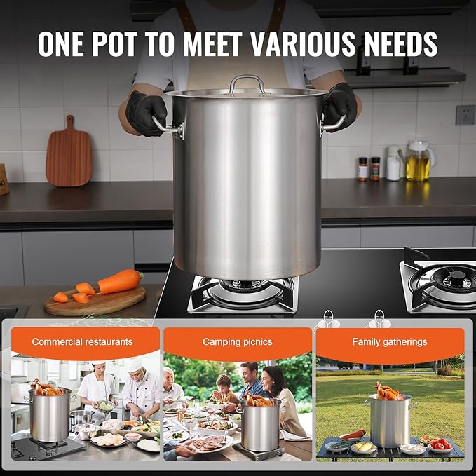 VEVOR 18/8 Stainless Steel Stockpot, 42QT Large Cooking Pots, Multipurpose Cookware Sauce Pot with Composite Base, Heavy Duty Commercial Grade Stock Pot, Sanding Treatment, for Large Groups Events - Image 6